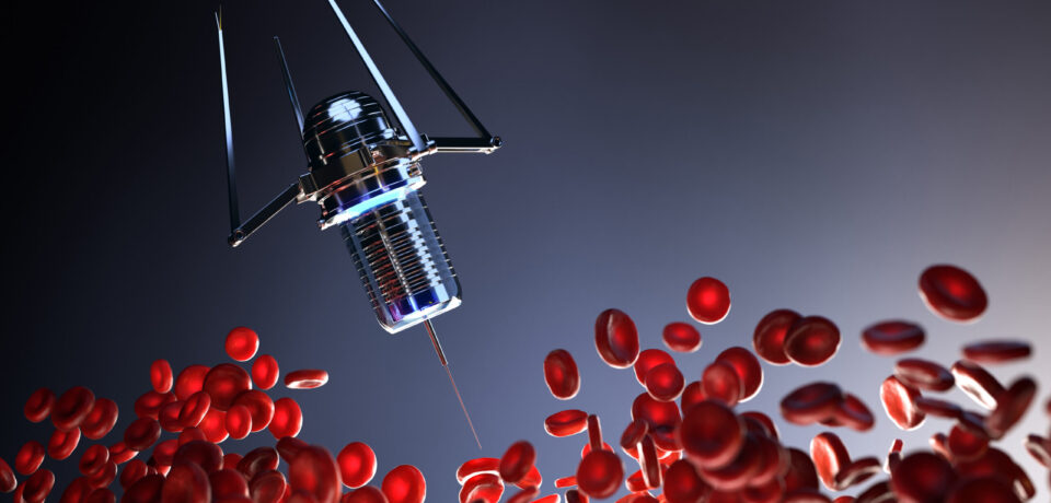 Nanobots are repairing damaged blood cells, nanotechnology concept. 3D illustration
