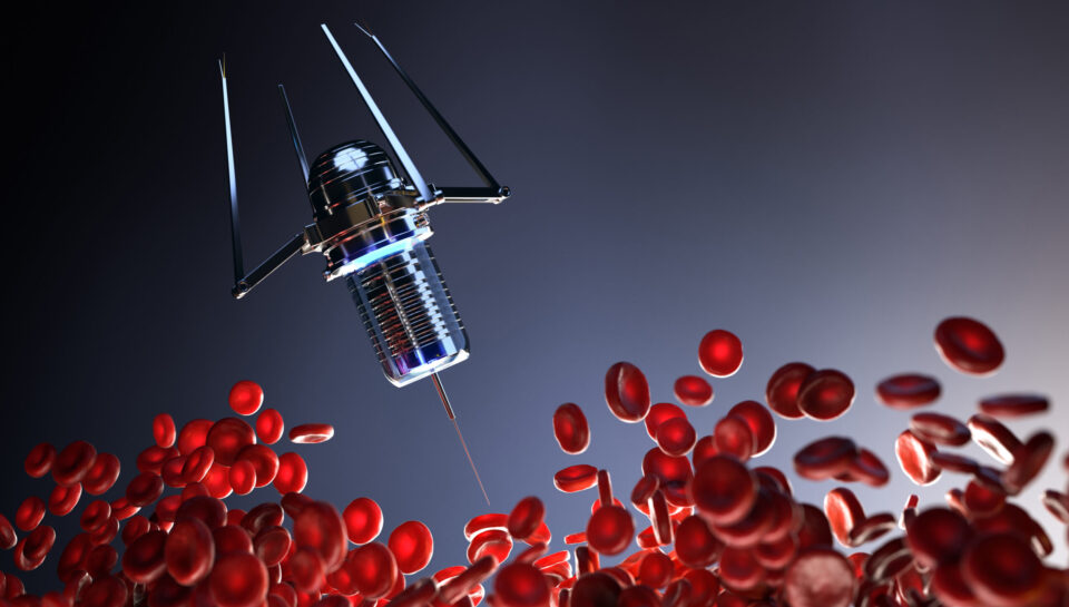 Nanobots are repairing damaged blood cells, nanotechnology concept. 3D illustration
